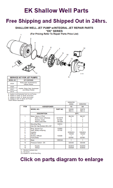 Flint and Walling EK 1/2, 3/4 & 1HP Shallow and Deep Well Jet Pump Parts and Motors